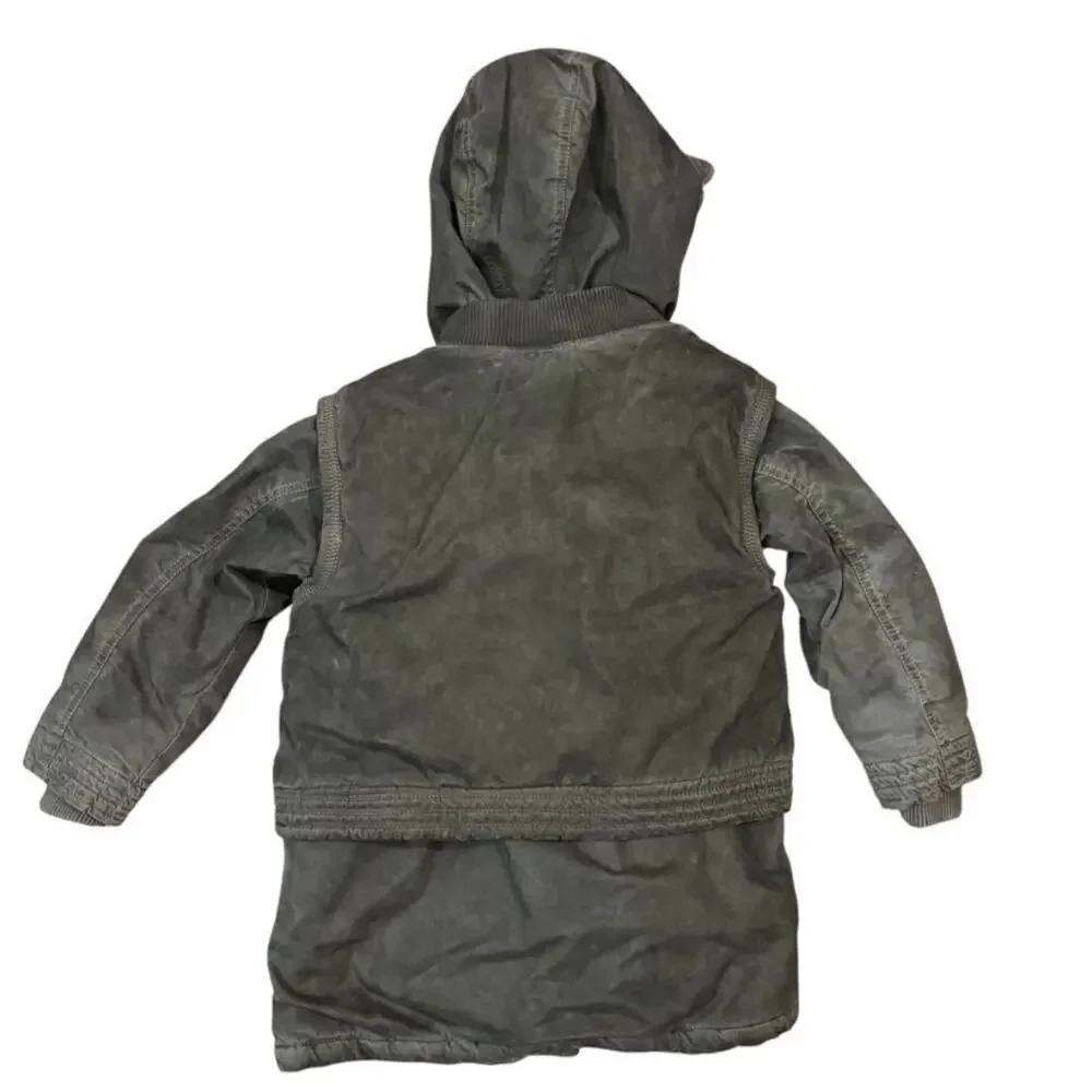 DIESEL Boys Utility Hooded Convertible Jacket Coat Gray Distressed Layered Moto